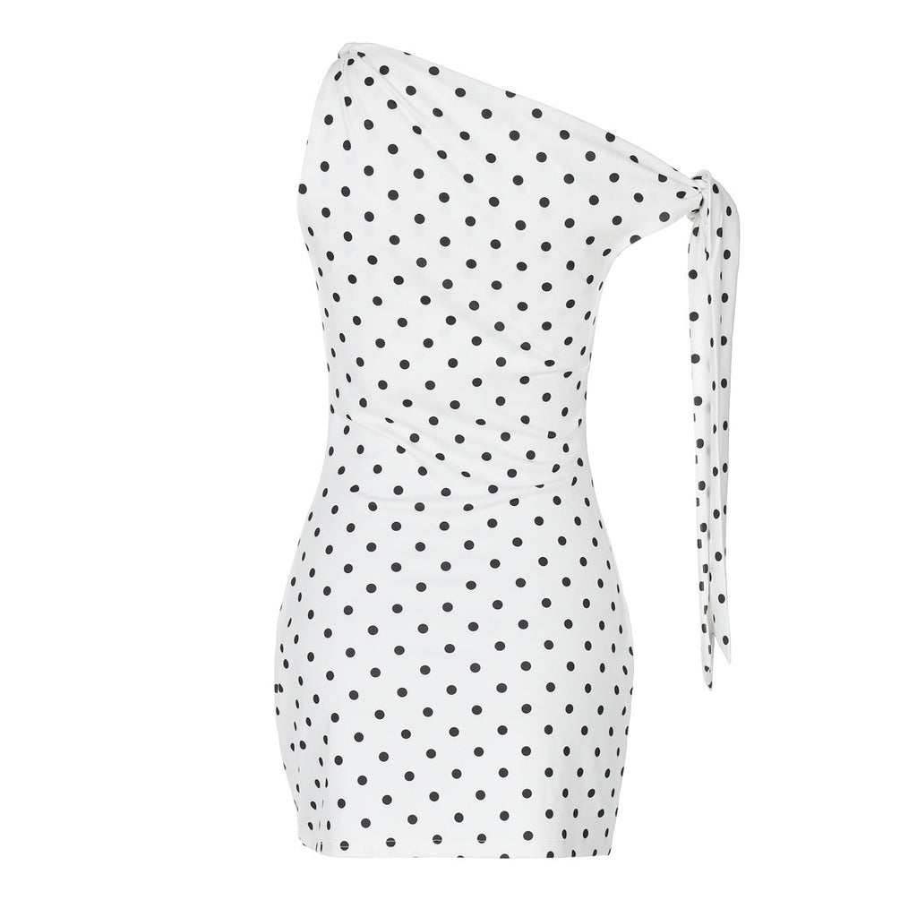 Polka Dot One Shoulder Tie Strap Ruched Bodycon Mini Dress