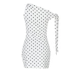 Polka Dot One Shoulder Tie Strap Ruched Bodycon Mini Dress