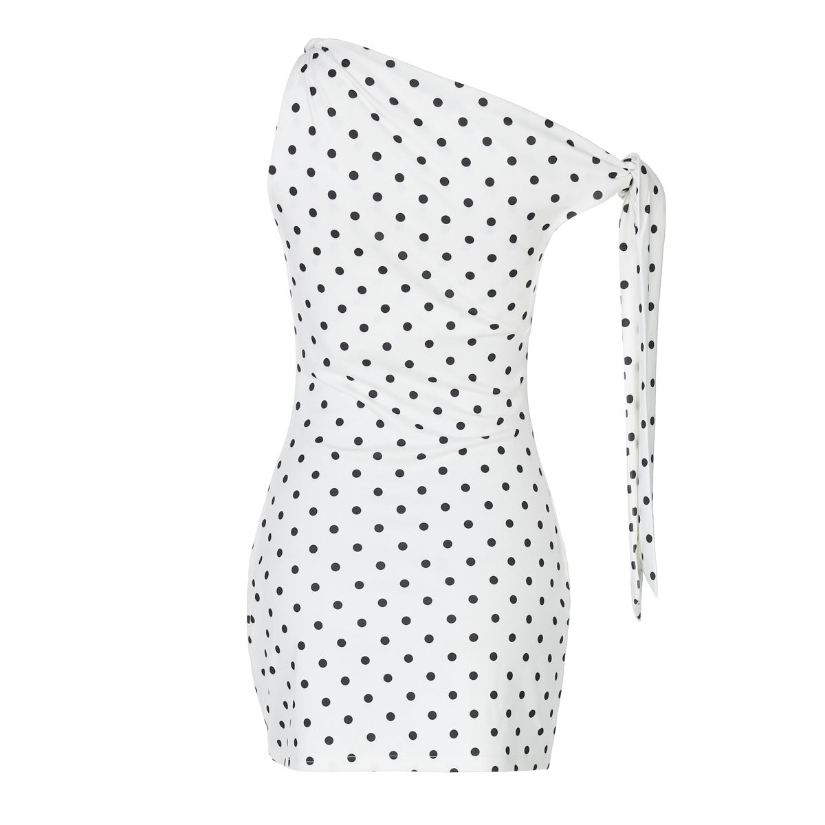Polka Dot One Shoulder Tie Strap Ruched Bodycon Mini Dress