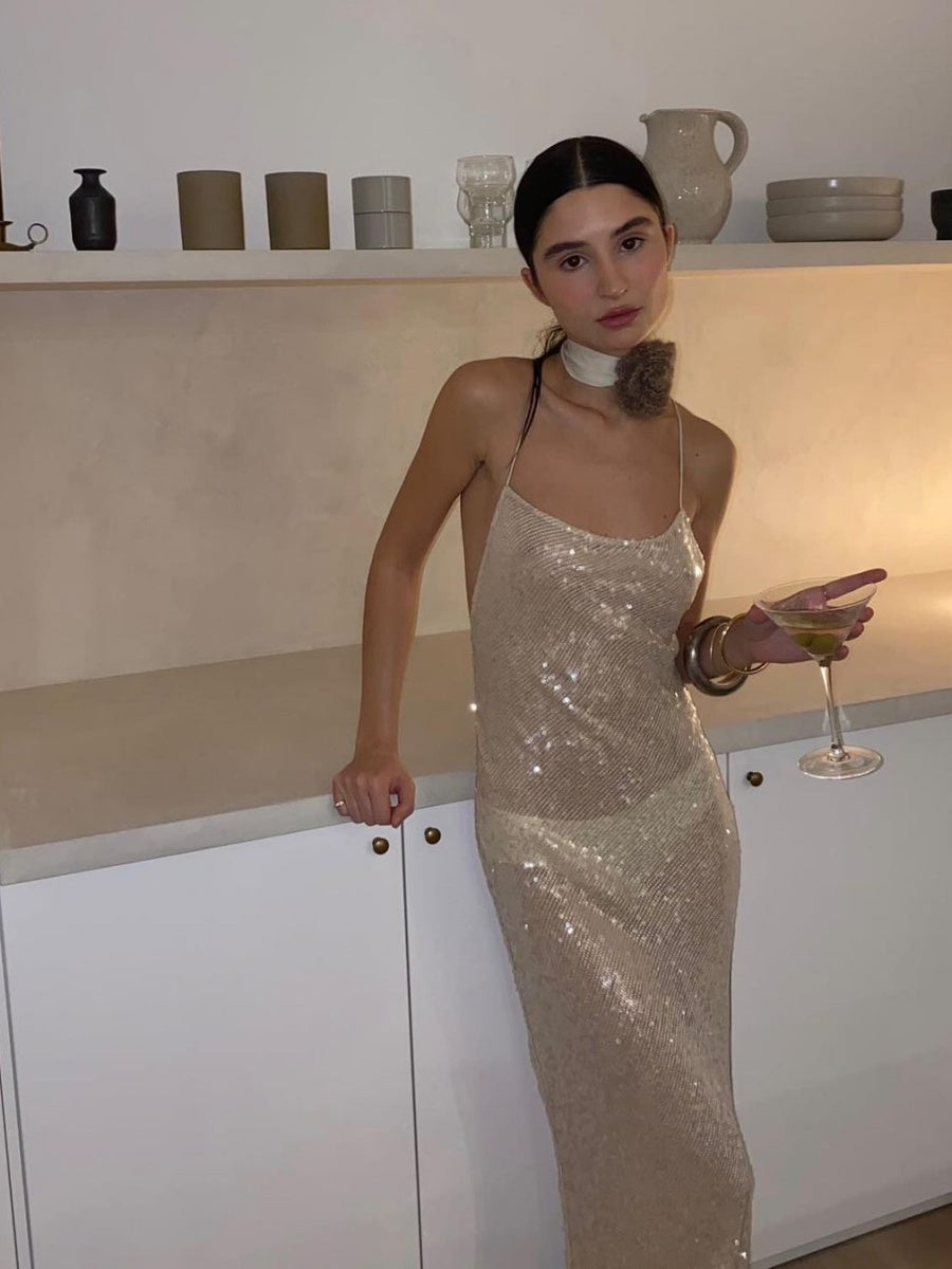 Backless Camisoles Sequins Slim-fit Banquet Maxi Dresses