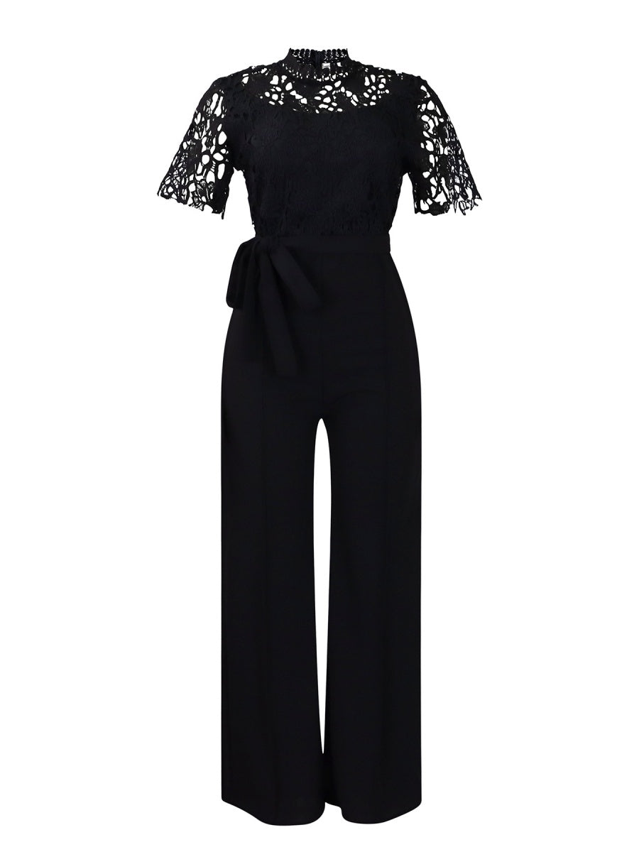 Lace Trim Hollow Short Sleeve Bandage High Waist Wide Leg Jumpsuits