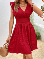 V-neck Pleated Ruffles Solid Color Mini&Short Dresses