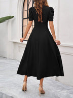 Pleated Waist Short Sleeve Maxi Dresses