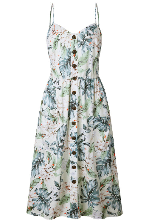 Sunflower Print Spaghetti Strap Button Front Fit and Flare Midi Dress