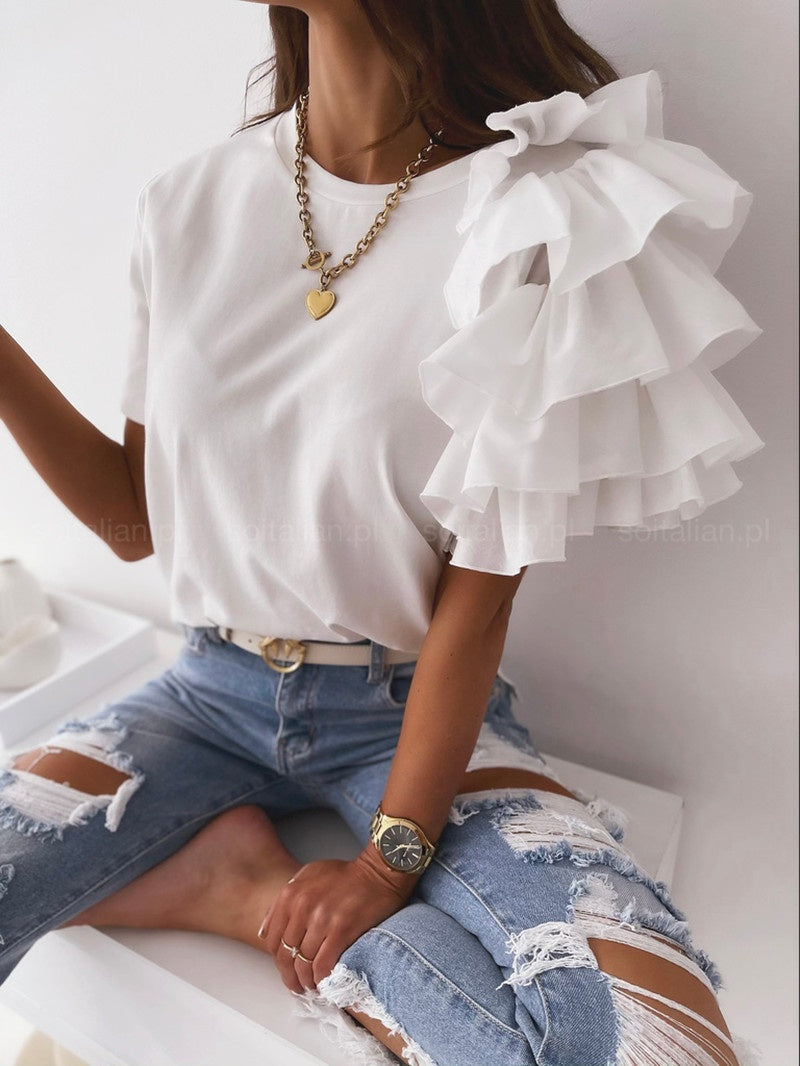 Ruffled Short-sleeved Crew Neck T-shirt