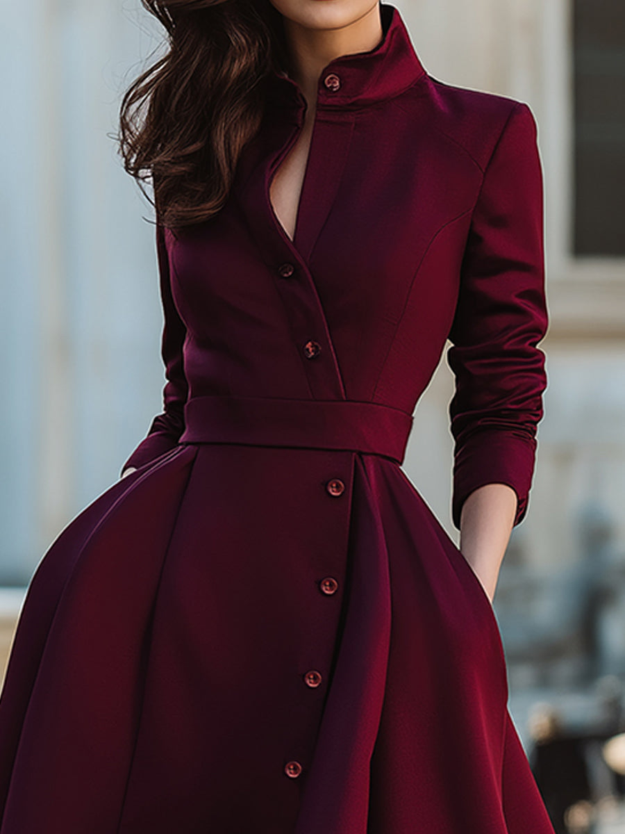 Elegant Band Collar Button-Down Midi Dress With Belt