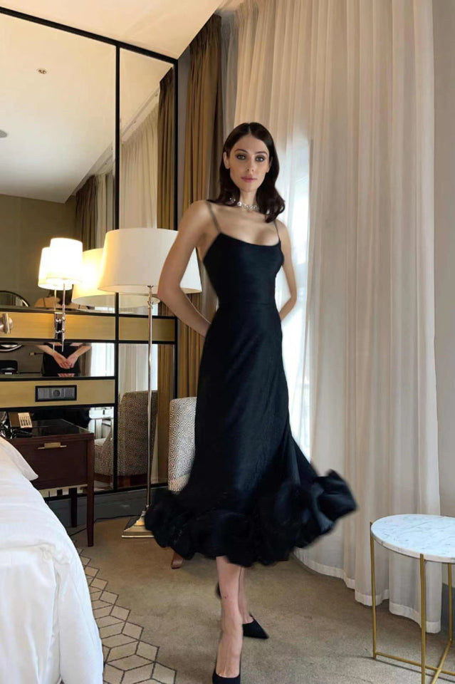 Spaghetti Strap Scoop Neck Flounce Ruffle Hem A-Line Midi Dress