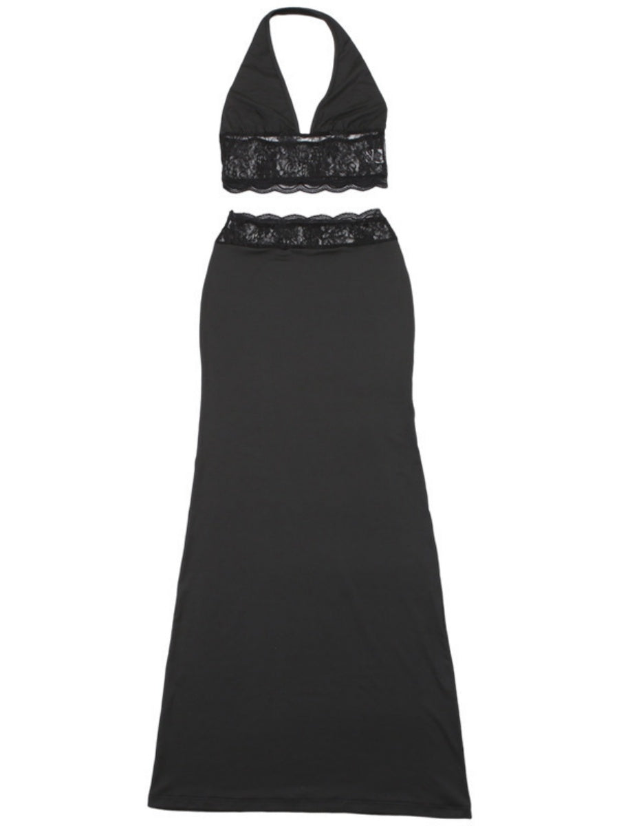 Neckband Navel Tank Tops Lace Bodycon Dress 2-piece Sets