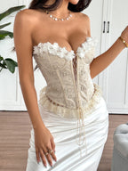 3D Flowers Lace Trim Strappy Breastplate Fishbone Strapless Vest