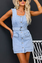 Sleeveless Button Down Belted Denim Mini Dress