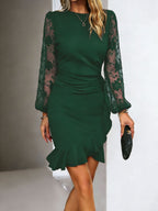 Lace-trimmed Puff Sleeves Ruffled Cross Hem Midi Dresses