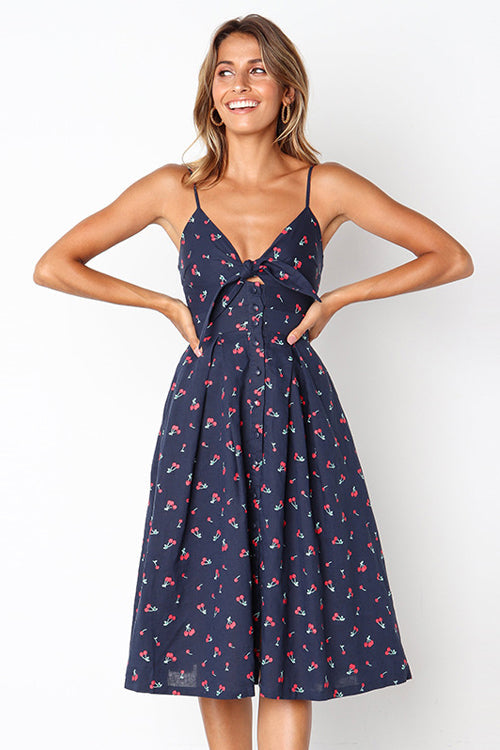 Linen Spaghetti Strap Tie Front Cut Out Button Front A-Line Midi Dress
