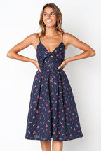 Linen Spaghetti Strap Tie Front Cut Out Button Front A-Line Midi Dress