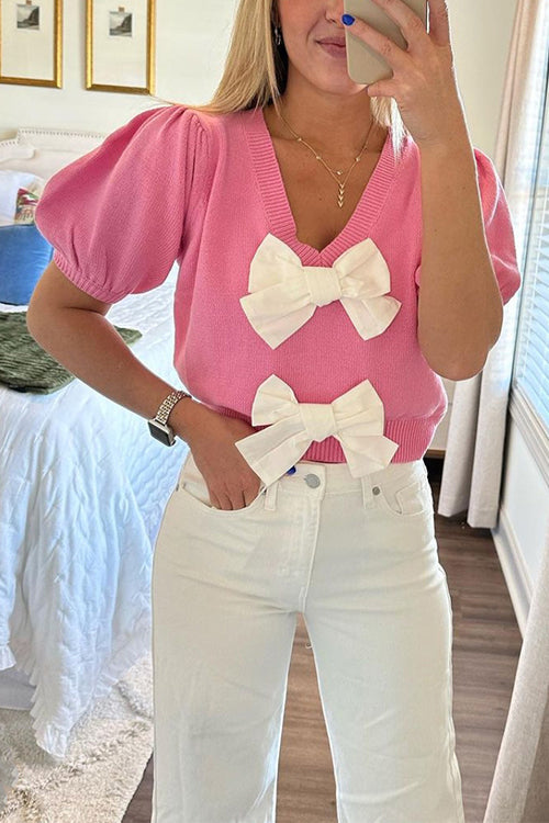 V Neck Short Sleeves Bow Knot Knit Top