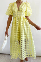 Puff Sleeve Sheer Grid Check Empire Waist Button Front Midi Dress