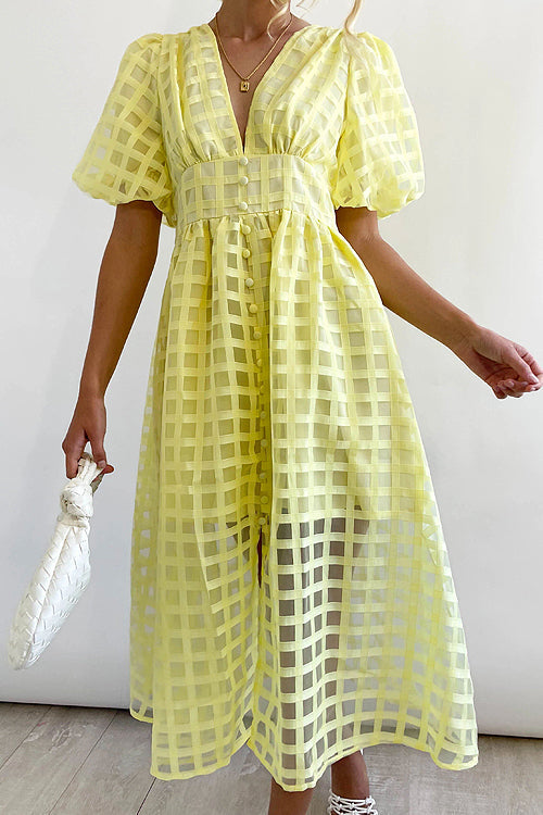 Puff Sleeve Sheer Grid Check Empire Waist Button Front Midi Dress