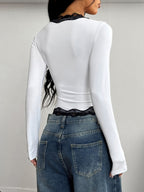 V-neck Long-sleeved T-shirt With Lace Trim And Contrasting Colors