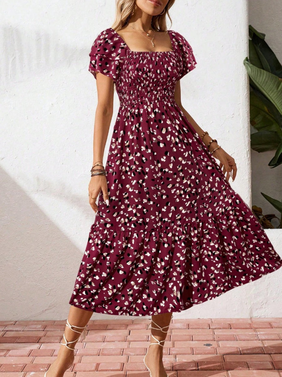 Floral Short Sleeve Square Collar Ruffle Vacation And Leisure Maxi Dresses