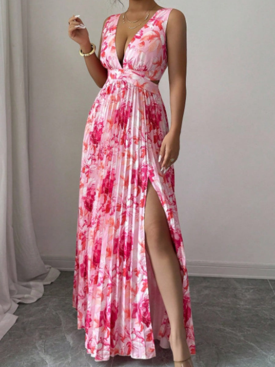 Sexy Deep V-neck Sleeveless Floral Print Maxi Dress With Slit Hem And Pleats