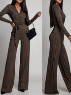 Zebra Print V-neck Long Sleeve Wide-leg Pants Jumpsuits