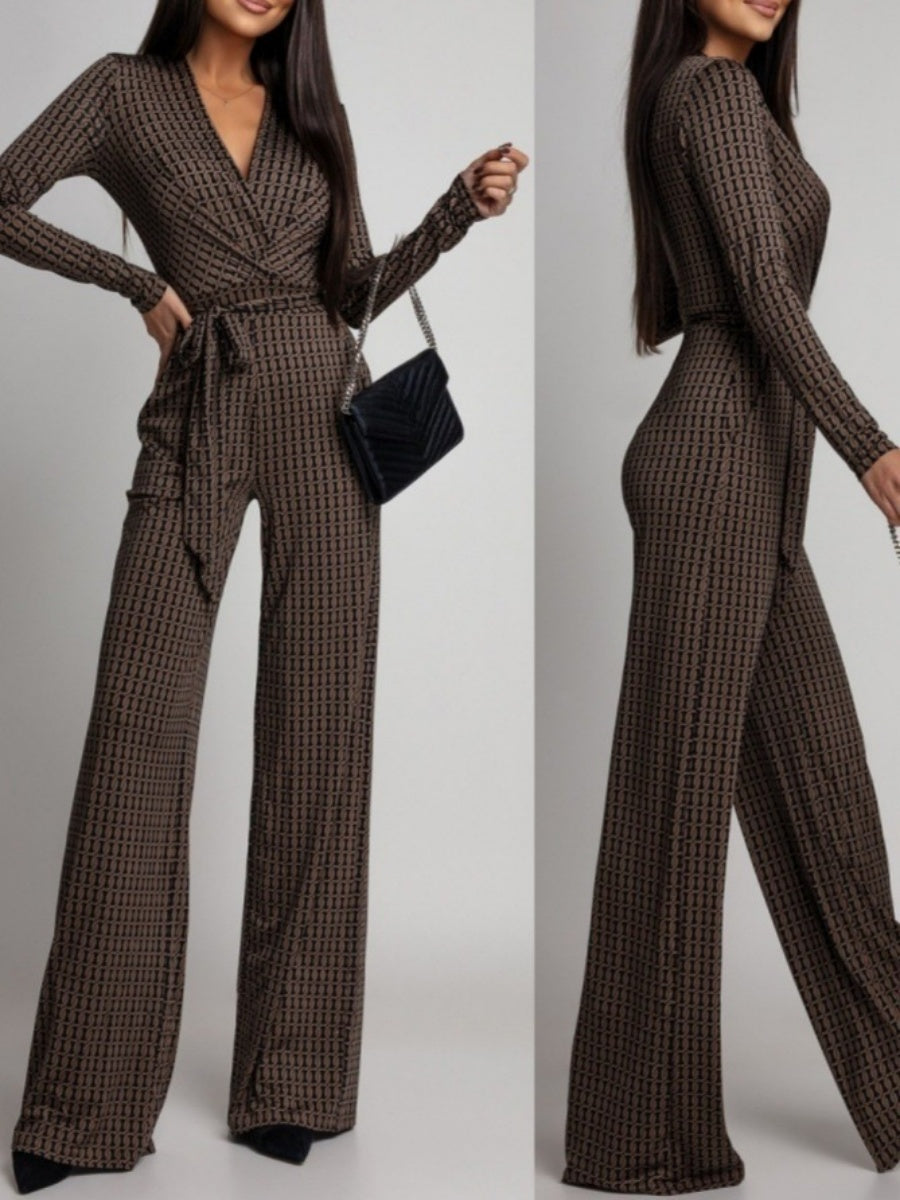 Zebra Print V-neck Long Sleeve Wide-leg Pants Jumpsuits