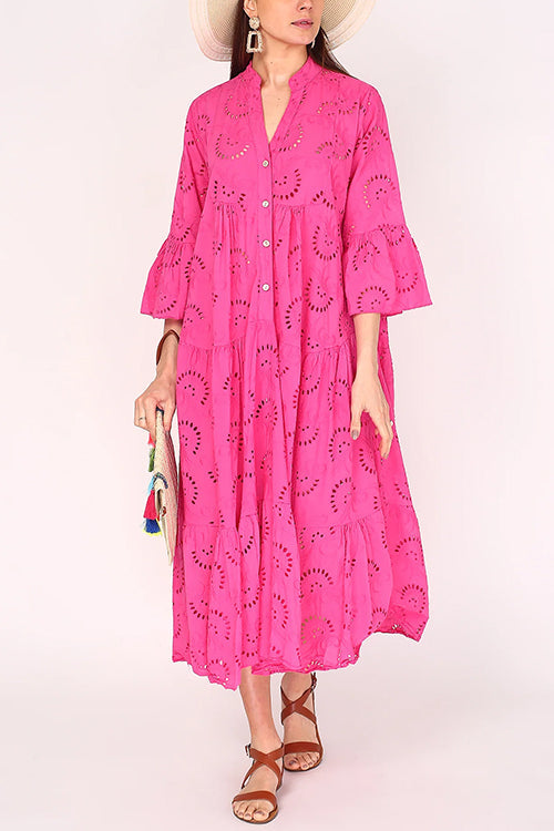 V Neck Flare Sleeves Lace Hollow Out Tiered Maxi Dress