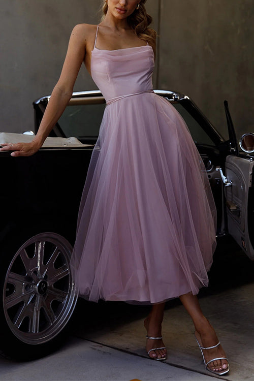 Open Back Waisted Tull Midi Party Dress