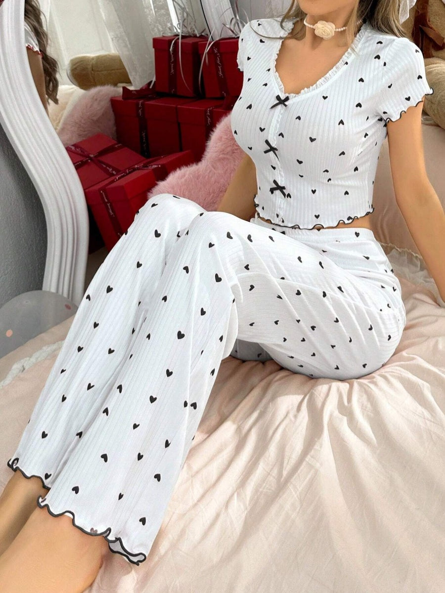 Heart-print Bow V-neck Short-sleeved Trousers Set That Can Be Worn As Loungewear