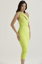 One Shoulder Cut Out Corset Bodice Ruched Gathered Mesh Midi Dress
