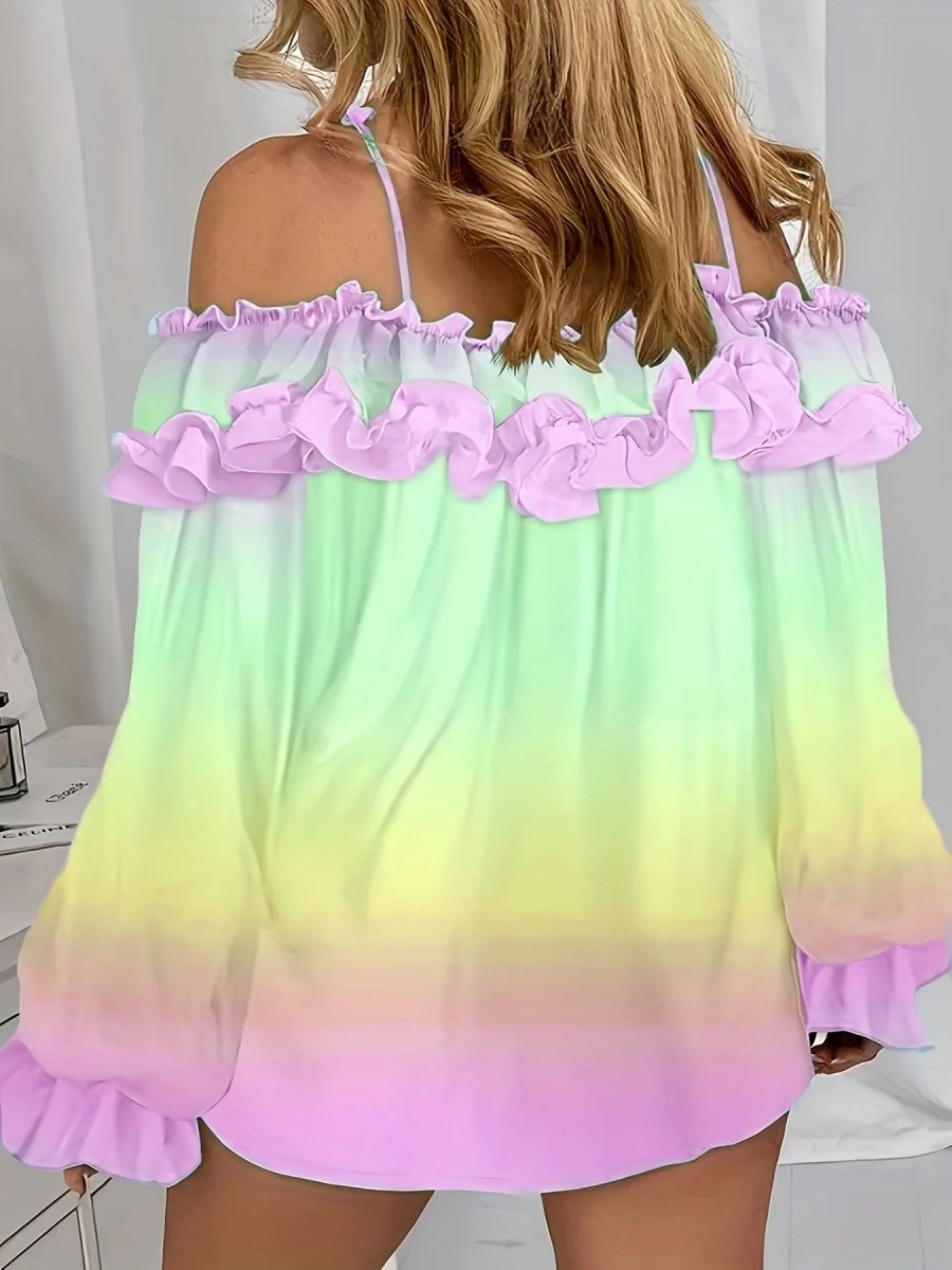 Off-shoulder Color-blocked Gradient Lace T-shirt