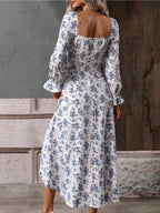 Floral Long Sleeve Square Collar Slit Vacation And Leisure Maxi Dresses