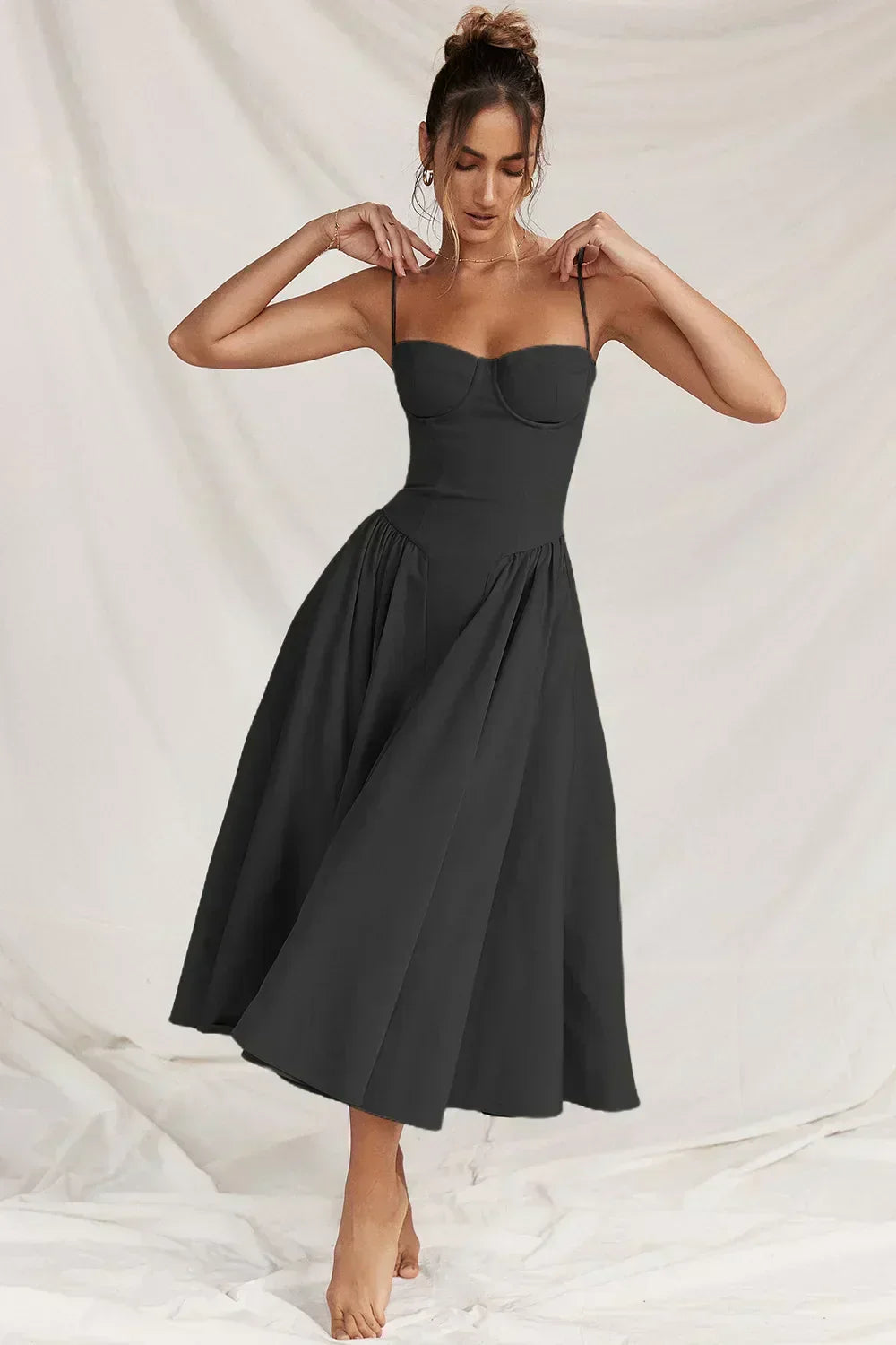 Corset Bodice Basque Waist Pleated A-Line Midi Dress