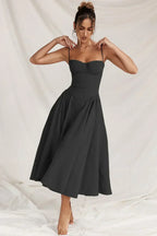 Corset Bodice Basque Waist Pleated A-Line Midi Dress