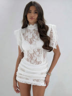 High-neck Lace Bodycon Pleated Sexy Short Dress