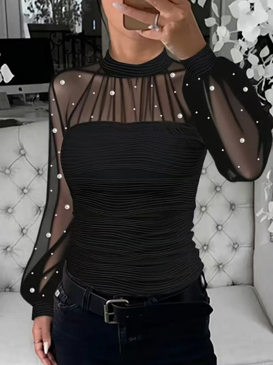 Beading Gathering Gauze T-shirt Sheer Tops