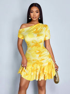 One Shoulder Long Skirt Hip-hugging Ruffle Printed Mini&Short Dresses