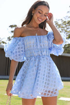 Off-the-Shoulder Puff Sleeve Windowpane Check Smocked Waist Mini Dress