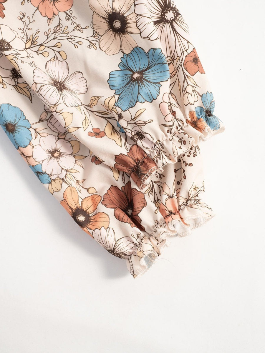 Floral Puff Sleeve Tie-waist Short Dress