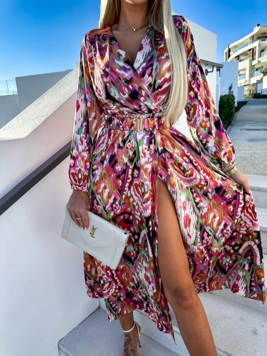 Printed Belts Wrap-up Maxi Dresses