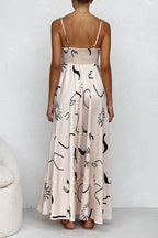 High Waist Graffiti Print Ruffle Swing Maxi Cami Dress