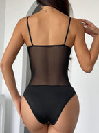 Lace Trim Bow Perspective Straps Suspender Bodysuit