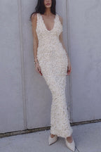 V Neck Plunge Rose Applique Bodycon Maxi Cami Dress