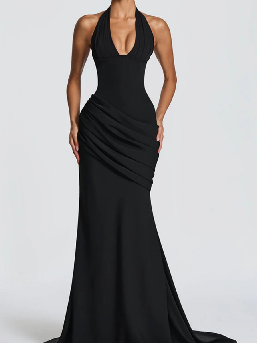 Deep V Halter Backless Mopping Maxi Dresses