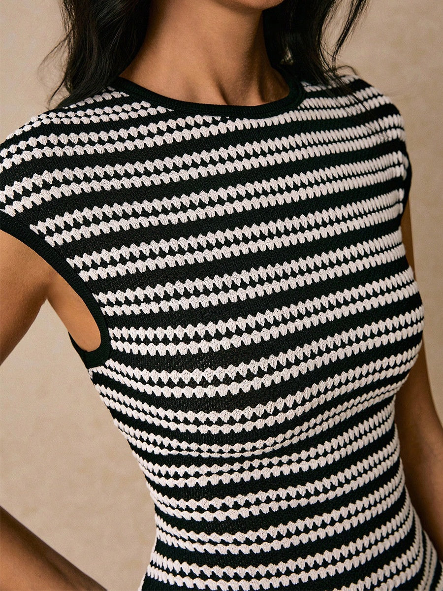 Striped Sleeveless Fitted Midi Dress