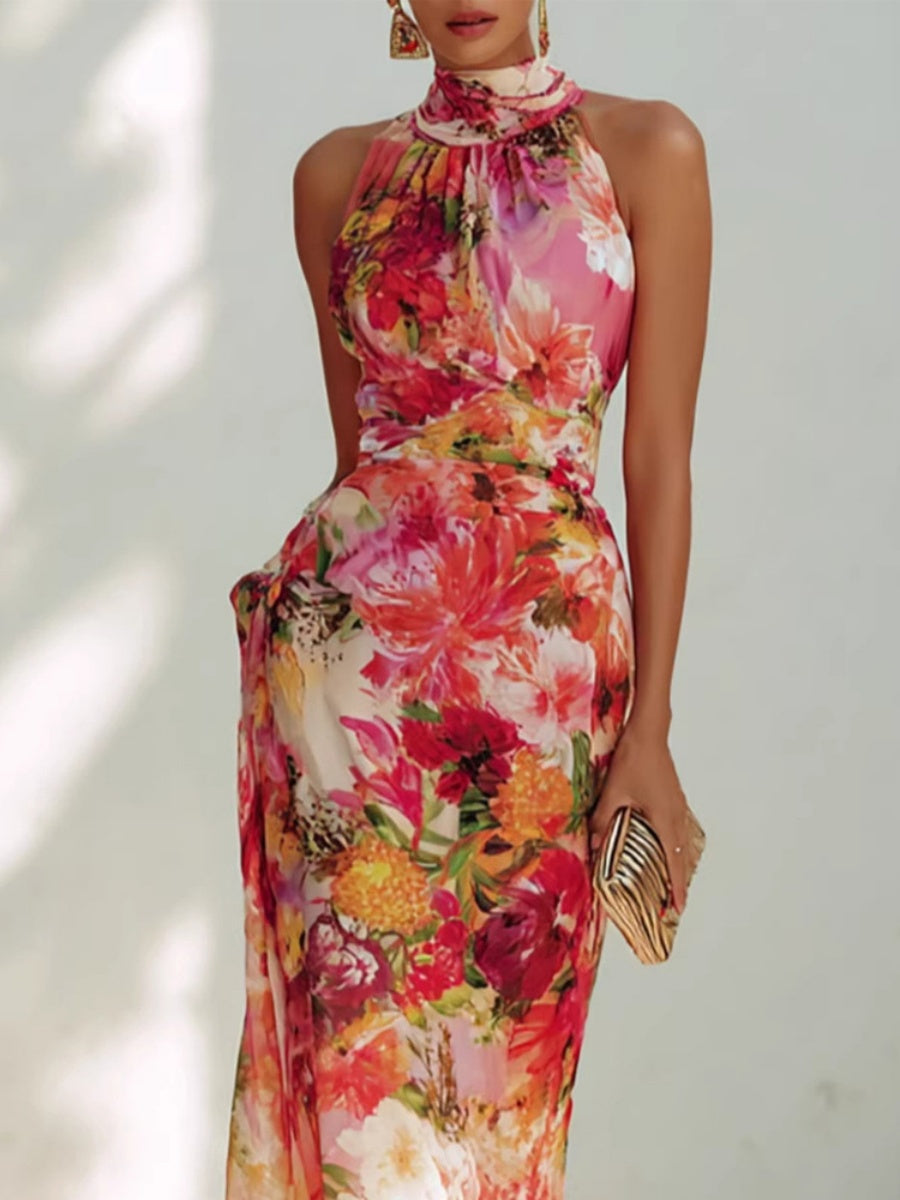 Halter Floral Waist Vacation Maxi Dresses