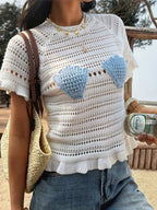 White Vacation-style Versatile Openwork Sexy Knit T-shirt