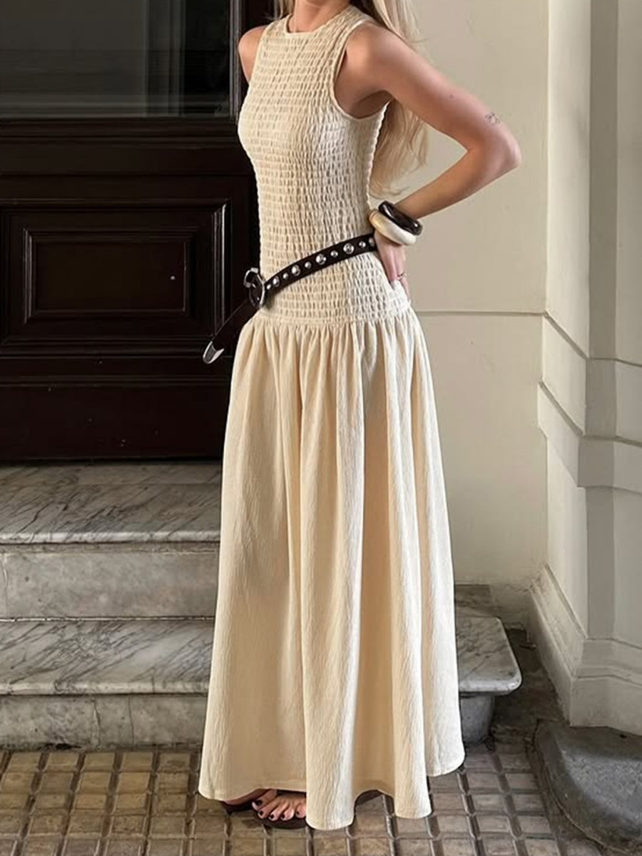 Light Apricot-colored Vacation-style Round Neck Sleeveless Cinched Long Dress