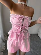 Strapless Striped Ruffled Crop Top And Elastic Waist Shorts Two-piece Set