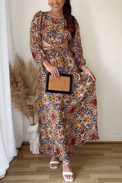 Puff Sleeves Backless Lace-up Printed Maxi Vacation Dress