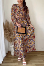 Puff Sleeves Backless Lace-up Printed Maxi Vacation Dress